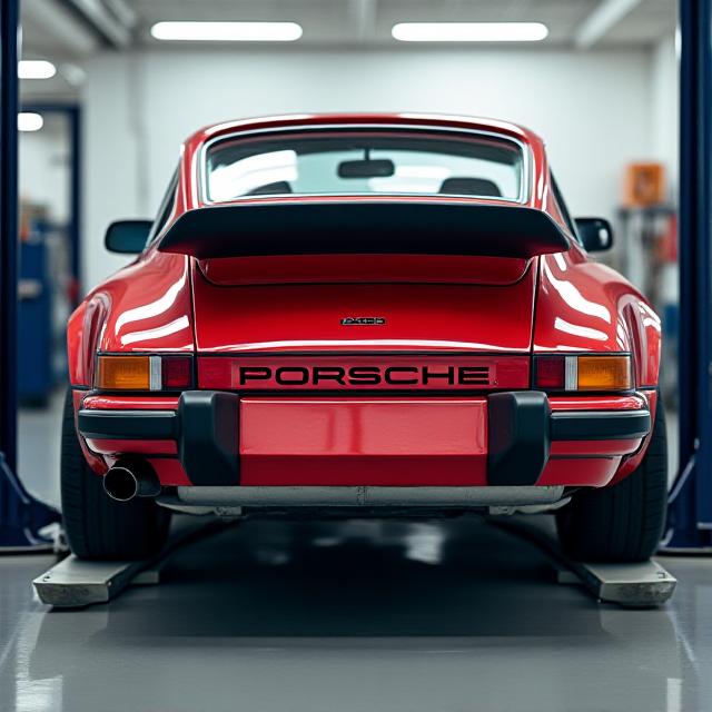 Porsche 911 Carrera con alerón trasero en un elevador